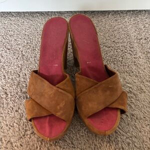Donald J. Pliner Brown Suede Mules with Red Insole